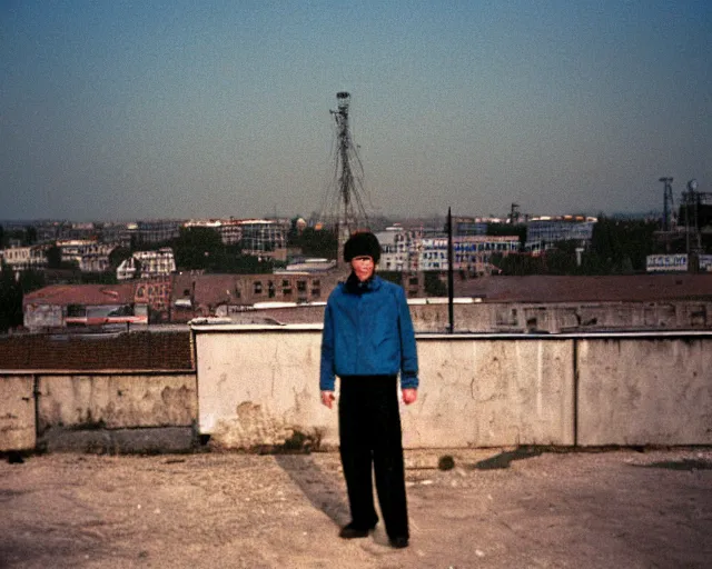 Image similar to lomo photo of man standing on the roof of soviet hrushevka, small town, cinestill, bokeh, out of focus