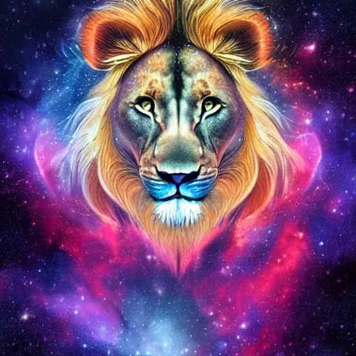 Image similar to geometric symmetrical lion with galaxy eyes in space, nebula in the background, intricate, elegant, highly detailed, digital painting, artstation, concept art, smooth, sharp focus, illustration, art by artgerm