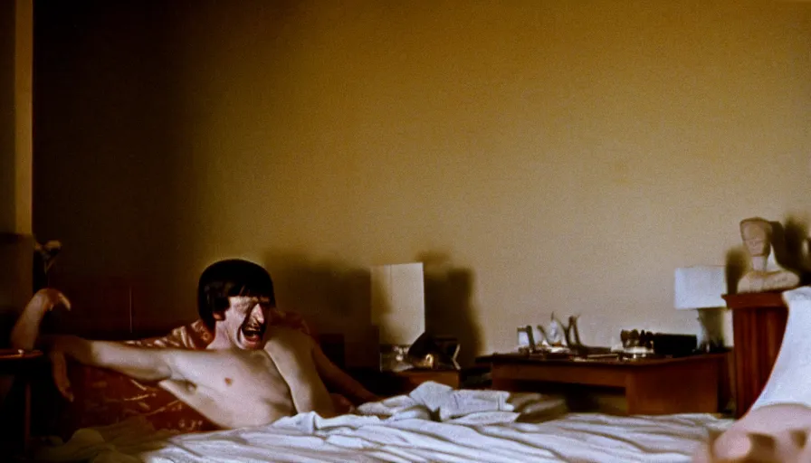 Prompt: 1 9 7 0 s movie still of the marc aurele hysterical on his bed in a ancient palace, cinestill 8 0 0 t 3 5 mm, high quality, heavy grain, high detail, cinematic composition, dramatic light, anamorphic, ultra wide lens, hyperrealistic