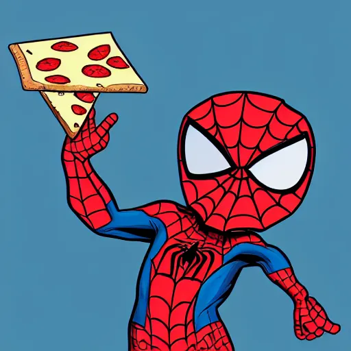 Image similar to digital illustration of cute chibi unmasked spiderman eating pizza, trending in artstation, highly detailed, award-winning, official marvel comics, cute, happy