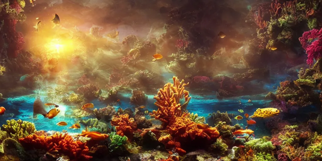 Image similar to beautiful underwater scene. an ancient ship sunk in the abyssvery shiny water. colorful fish. seahorse. goldfish. coral, water flowers. beautiful lighting, 4 k post - processing, highly detailed, 5 k extremely detailed, 3 d. sun is highlighting the bubbles. render in octane and cryengine. painterly detailed matte painting, by albert bierstadt