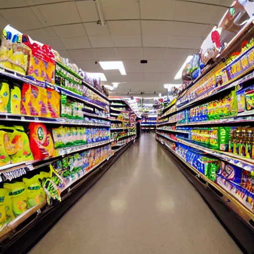 Prompt: supermarket aisles, fisheye lens, color, fluorescent lighting,