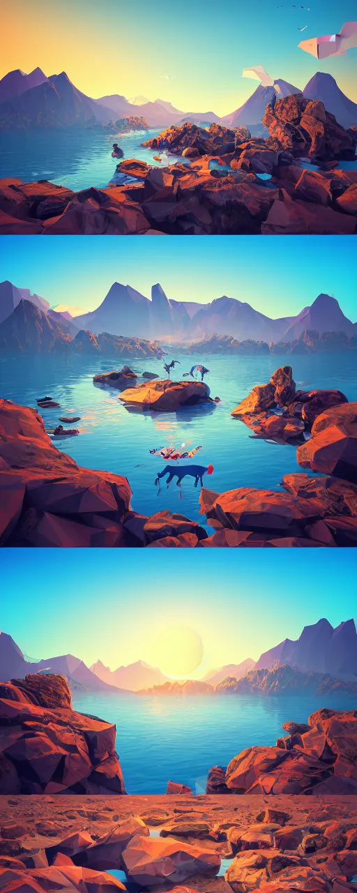 Prompt: super detailed color lowpoly art, northern sunset with rocks on front, lake in the middle of perspective and mountains at background, graphic reindeers in random points, unreal engine, retrowave color palette, 3 d render, lowpoly, colorful, digital art