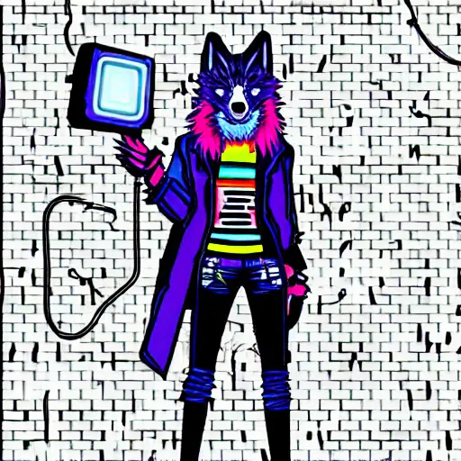 Prompt: beautiful furry digital art portrait of an androgynous furry anthro wolf fursona both wearing punk clothes in the streets of a cyberpunk city. neon signs.