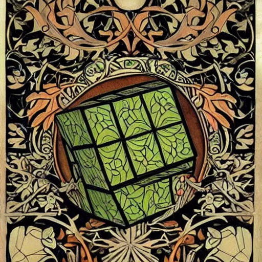 Image similar to beautiful painting of companion - cube!!!!!!!!!!!!!!!!! companion - cube!!!!!!!!!!!!!!!!!, art nouveau. by william morris, gaudy colors. intricate linework. sharp edges.