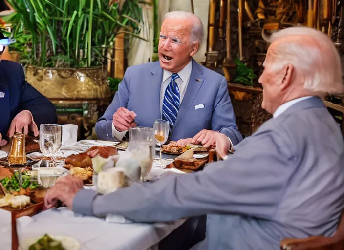 Image similar to Trump and Biden having dinner at a fancy Balinese restaurant, award winning cinematic photography, 50 mm, blurred background, trending on twitter