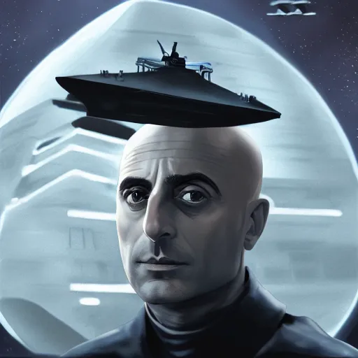 Prompt: mark strong as grand admiral thrawn sitting as his desk on a star destroyer, hd, digital art