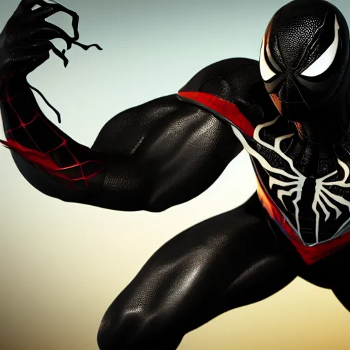 Image similar to a single venom and spider - man hybrid, dslr, cinematic, volumetric lighting