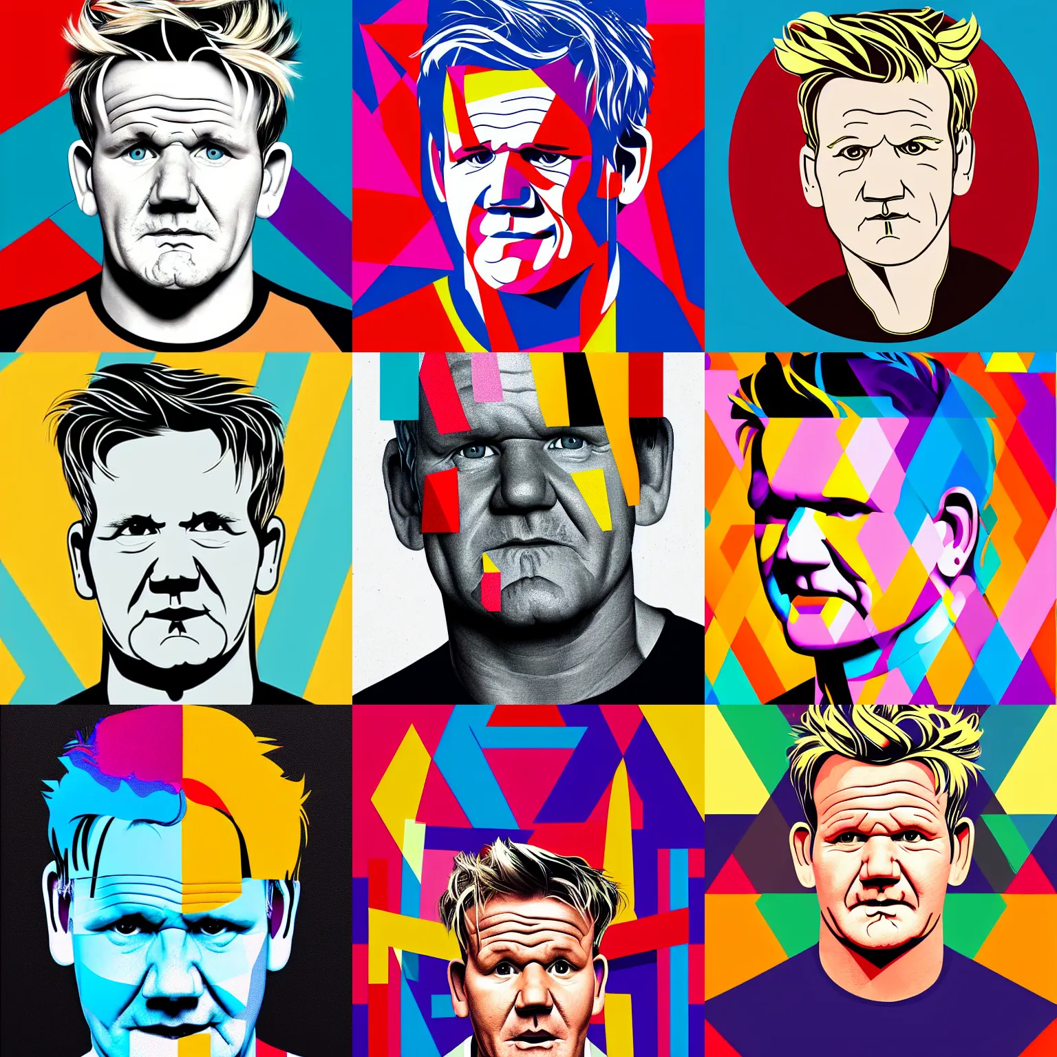 Prompt: A portrait of Gordon Ramsay, geometric art, geometric shapes, rounded corners, candy colors, spray paint, bold graphics
