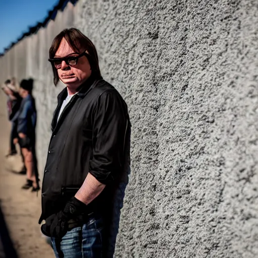 Image similar to Mike Myers (from Wayne's World) gazing at the US-Mexican Wall, XF IQ4, f/1.4, ISO 200, 1/160s, 8K, RAW, unedited, symmetrical balance, in-frame