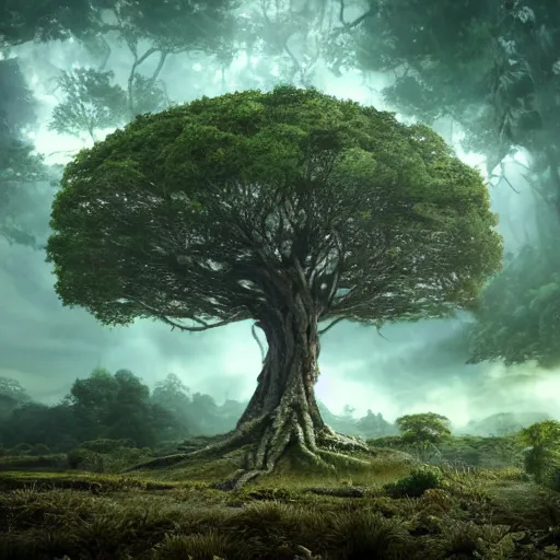 Image similar to full body pose, hyperrealistic photograph of the world tree, dim volumetric lighting, 8 k, octane beautifully detailed render, extremely hyper detailed, intricate, epic composition, cinematic lighting, masterpiece, trending on artstation, very very detailed, stunning, hdr, smooth, sharp focus, high resolution, award, winning photo, dslr, 5 0 mm