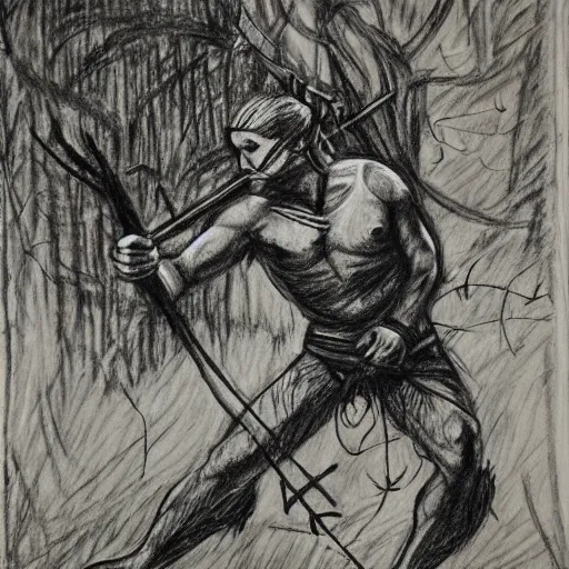 Prompt: a charcoal drawing of and ancient warrior creeping through dark woods filled with large trees and vines, holding a bow and arrow, wearing animal skin clothing, in the style of guy denning