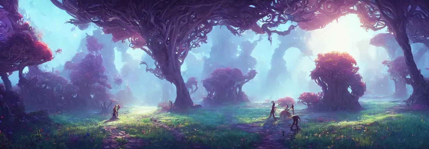 Image similar to A realm of whispers and mysteries, intricate, elegant, fantasy, highly detailed, digital painting, concept art, sharp focus, illustration, beautiful volumetric lighting, epic light, artstation, magic hour lighting, colorful, sunshine, springtime, by Sylvain Sarrailh, ine style of ori game