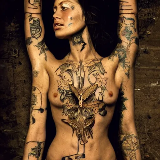 Image similar to A perfect female goddess stands for a waist up portrait with her body sightly wrapped in thin gold wire creatively arranged so as to look like biker tattoos, in an abandoned barn, hyper photo realistic 8K HD HDRI, photo by Annie Leibovitz.