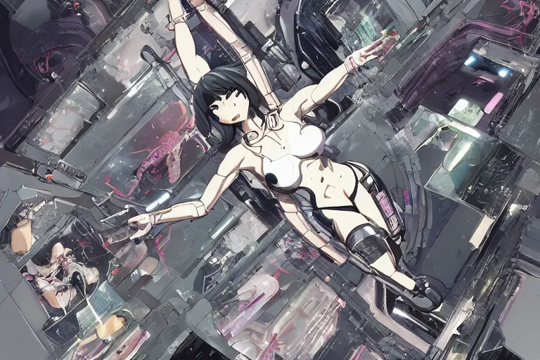 Prompt: a cyberpunk anime illustration of a group of female androids' body parts lying scattered over an abstract, empty, white floor, by masamune shirow, hajime sorayama and katsuhiro otomo, view from above, minimalist