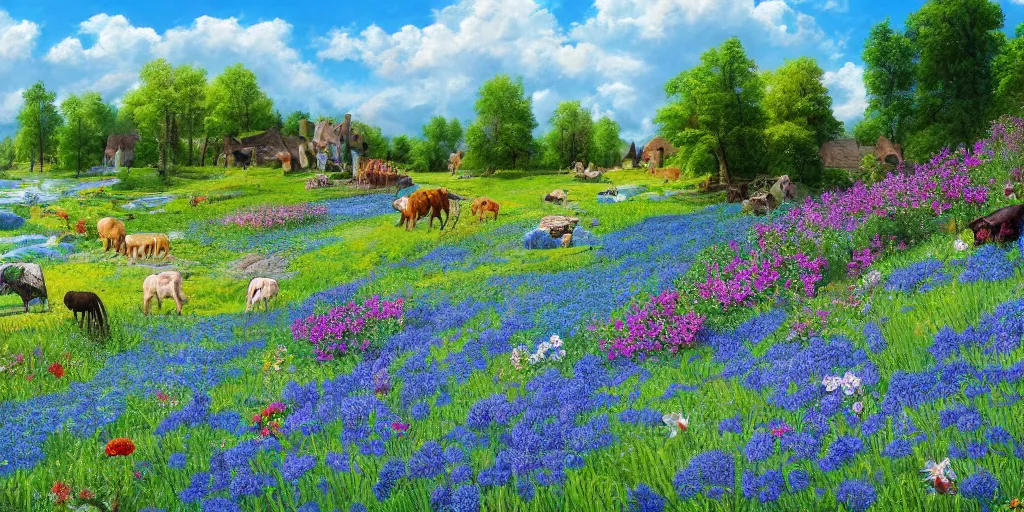 Image similar to Miltonian idyllic azure meadow sunny weather heaven of animals, detailed, intricate, masterpiece, 8k resolution