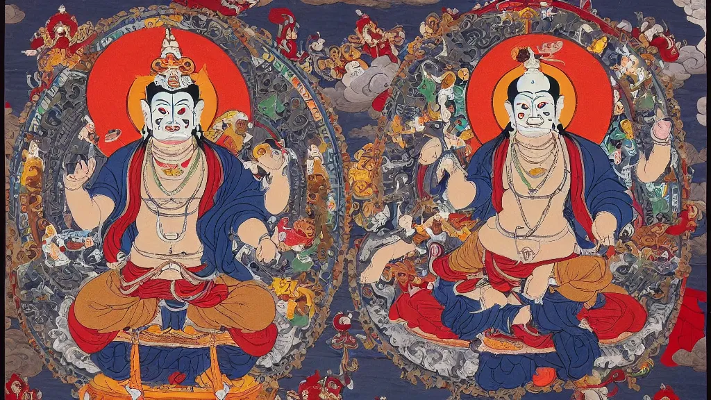 Image similar to mahakala tibetan deity as the mad drunk french philosopher foucault, tibetan thangka