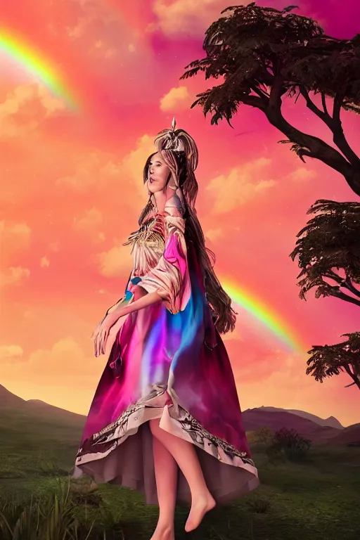 Image similar to Ethereal safari landscape with a pink rainbow sky under a goddess moonstone, black leather and embroidered Lolita dress in velvet, rich color, dramatic cinematic lighting, featured on Artstation, extremely detailed by Lisa Frank