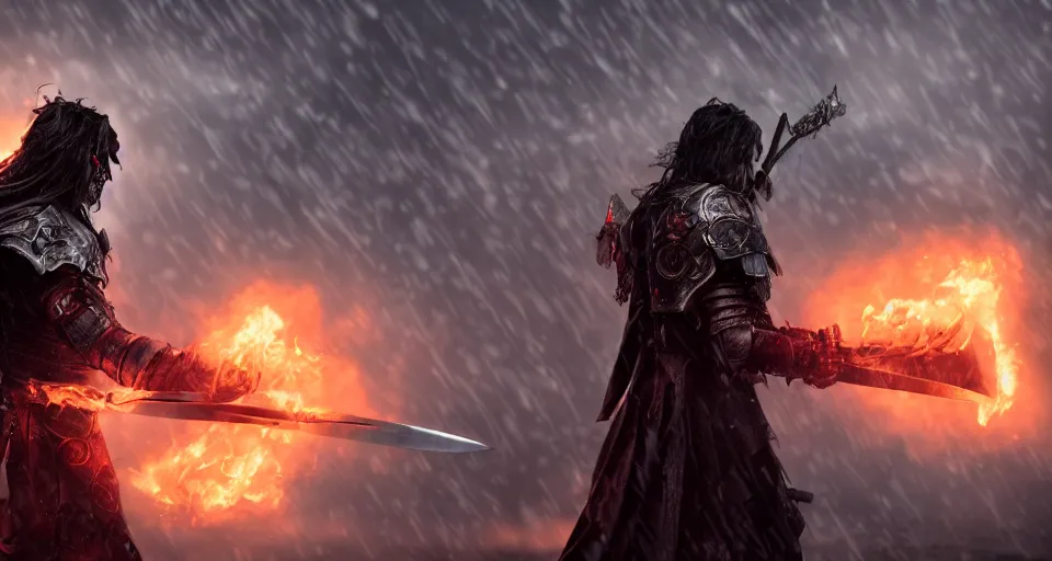 Image similar to The dark paladin with a heated sword in his hand and a burning flame with a sword in the rain. cinematic shot from back, realistic, 4K,