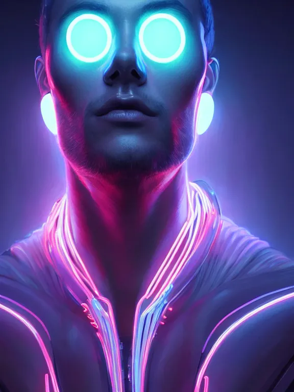 Image similar to portrait of male humanoid, intricate, elegant, cyber neon lights, highly detailed, digital photography, artstation, glamor pose, concept art, smooth, sharp focus, illustration, art by artgerm and greg rutkowski