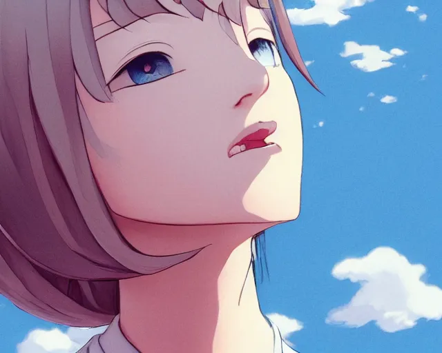 Image similar to teen looking at blue sky, wearing white shirt, back turned, looking up, illustration, by pine ( ハイネ ) and 薯 子 imoko and 香 川 悠 作 and wlop and maya takamura, highly detailed, trending artstation, pixiv, digital art