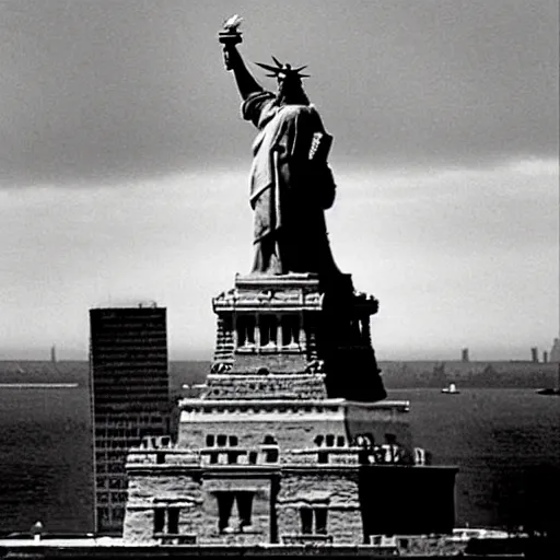 Prompt: The war between the Soviet Union and America, the action takes place in New York, far away against the background of the Statue of Liberty, a lot of soldiers and military equipment, a lot of explosions and tracer bullets, a lot of ruins, a very epic battle, The style of photography of the 80s