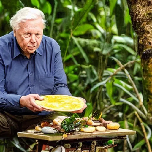 Image similar to David Attenborough looking at an omelette in a jungle while narrating, still, photograph