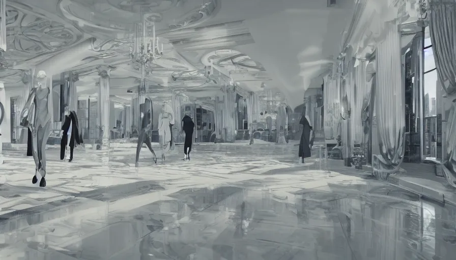 Image similar to Fashion Catwalk in a luxurious penthouse interior, concept art, rendering, hyperdetailed, unreal engine 5, 4k