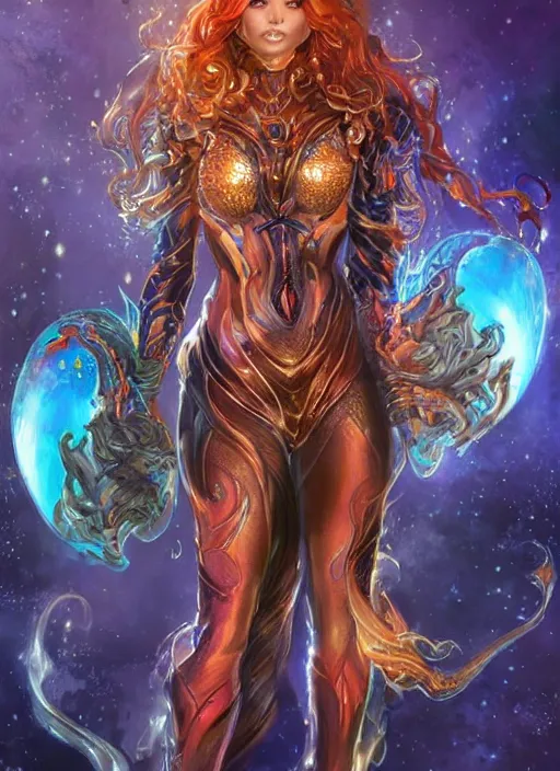 Image similar to front portrait hands behind body pose of attractive Starfire with ginger wavy hair, hands behind her body pose!, Intricate overlay flames imagery , D&D!, fantasy style, sharp focus!, ultra detailed, art by Artgerm and Peter Andrew Jones, WLUP