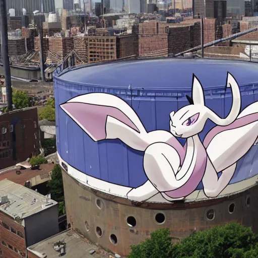 Image similar to MewTwo on top of a water tank in Newark, Pokemon