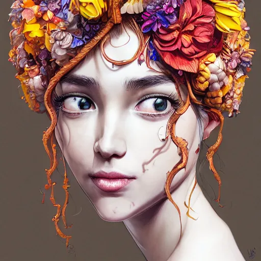 Prompt: the portrait of an absurdly beautiful, graceful, elegant young woman made of bananas and petals, an ultrafine detailed illustration by kim jung gi, irakli nadar, intricate linework, bright colors, octopath traveler, final fantasy, angular, unreal engine 5 highly rendered, global illumination, radiant light, detailed and intricate environment