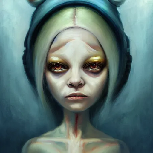 Image similar to portrait of small, cute, rubbery, huge-eyed, big-lipped albino mutant priestess with elaborate white hair with serious expression; science fiction concept art by Anato Finnstark, Margaret Keane, Greg Rutkowski