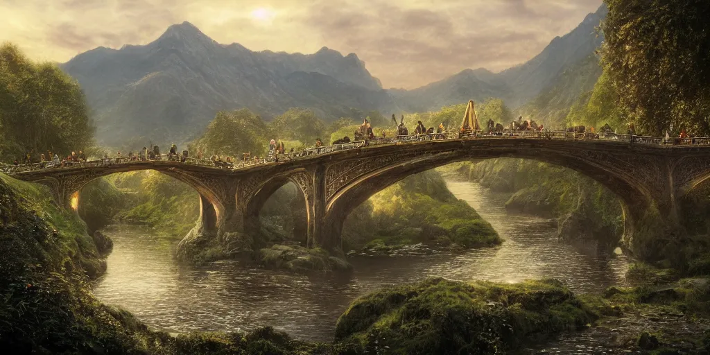 Image similar to Arwen and Aragorn at the bridge in Rivendell in the evening, detailed matte painting, cinematic, Alan Lee, Artstation