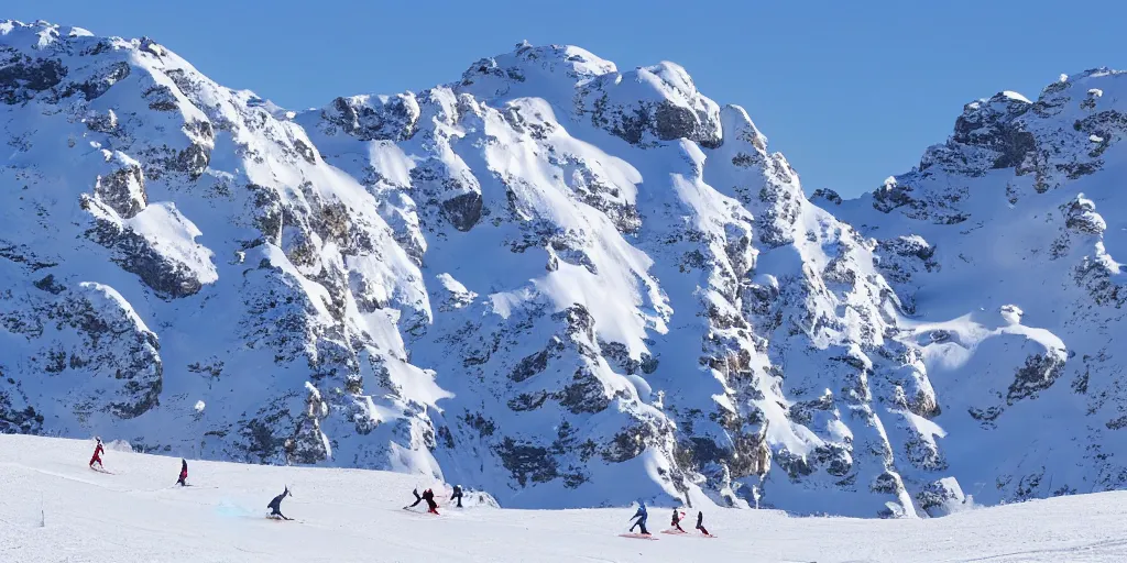 Image similar to snowy mountains, skiers skiing at background, clear weather, 8 k