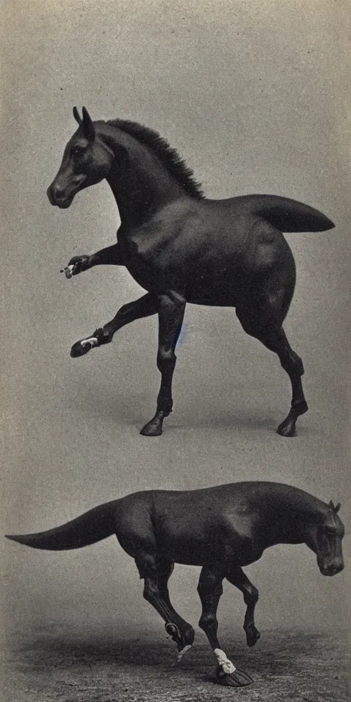 Prompt: [ [ [ [ [ t rex ] ] ] ] ] and a horse with leg, walk, movement, soft, black and white, photograph, 1 8 5 0 s