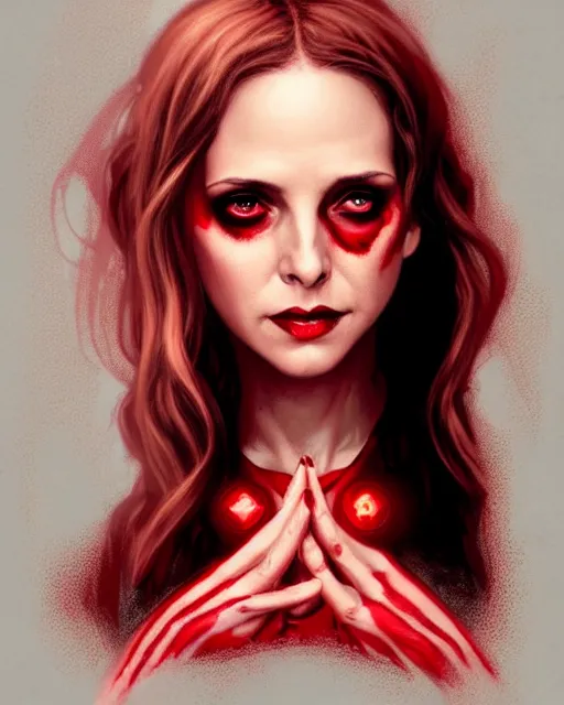 Image similar to Scarlet witch outfit Sarah Michelle Gellar, black magic, realistic character concept, full body, scary pose, comic book, illustration,;cinematic lighting, high resolution, Charlie Bowater, Norman Rockwell, symmetrical eyes, single face, insanely detailed and intricate, beautiful