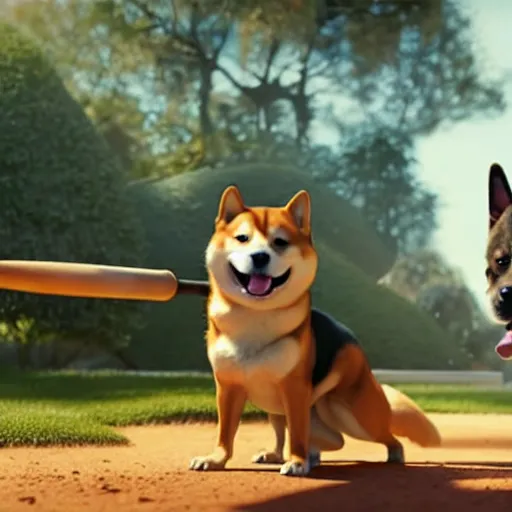 Prompt: weta disney pixar movie still photo of funny shiba inu with baseball bat : : dog by pixar : : giant sign that says bonk : : by weta, greg rutkowski, wlop, ilya kuvshinov, rossdraws, artgerm, octane render, iridescent, bright morning, anime, liosh, mucha : :