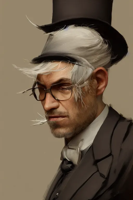 Prompt: a grey hair halfling stubble top hat and suit by Greg Rutkowski, painting, portrait, HD, high details, trending on artstation