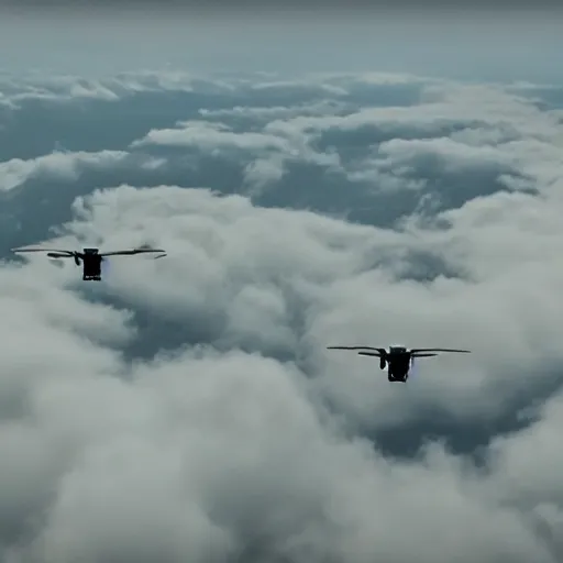 Image similar to cinematic areal shot of three baykar drones flying through the clouds