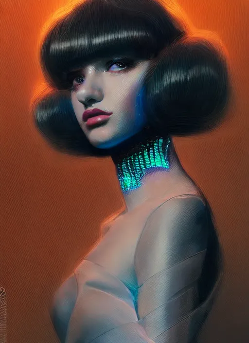 Image similar to photorealistic portrait of female humanoid, highly intricate, retro 6 0 s haute couture fashion, elegant, highly detailed, crispy quality and cyber neon light reflections, artstation, pinterest, glamor pose, no signature, no watermark, art by artgerm and greg rutkowski