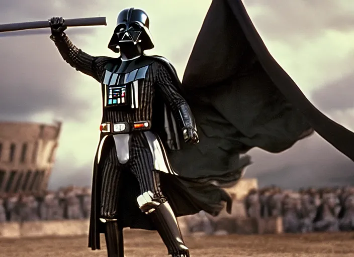 Image similar to film still of Darth Vader as Maximus in the arena with his arms up in Gladiator 2000, 4k