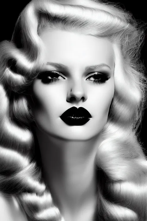 Prompt: stunning black and white portrait of a beautiful blonde woman by kenneth willardt. long wavy glossy hair and makeup. face only, no hand. vintage glamour. shiny dark lips. realistic watercolor painting on canvas. messy brush strokes.