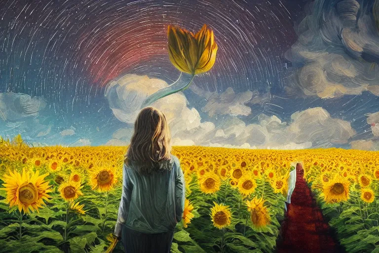 Image similar to giant sunflower as a head, girl walking between trees, hills, surreal photography, dark night, star trails, dramatic light, impressionist painting, clouds, digital painting, artstation, simon stalenhag