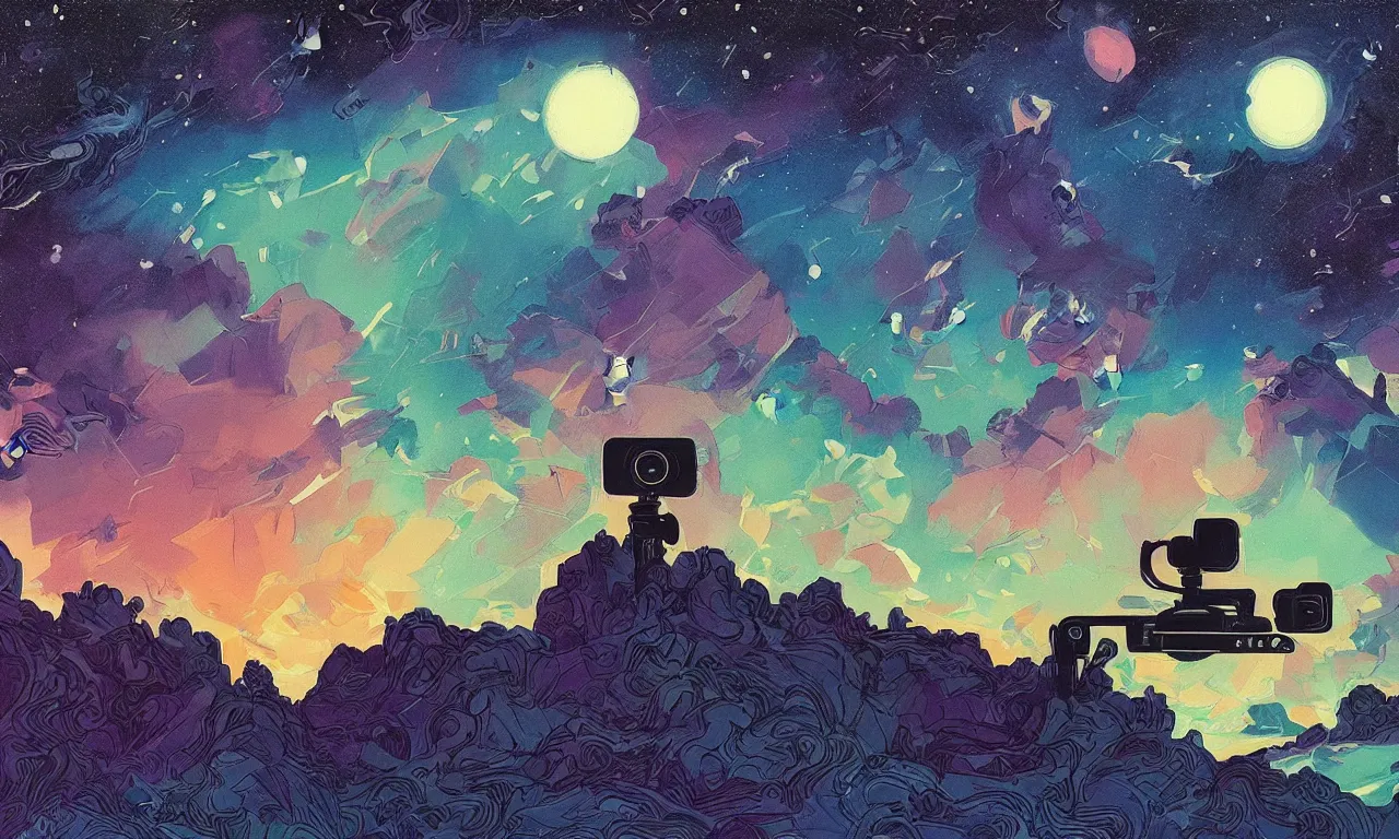 Image similar to A beautiful painting of a camera floating among stars, trending on Artstation, by Eyvind Earle and Dan Mumford