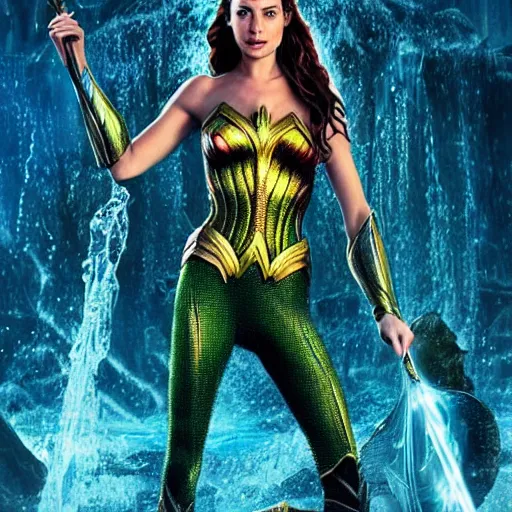 Image similar to an potrait of gal gadot cast as Mera from Aquaman, photorealistic, high detail, full body shot.