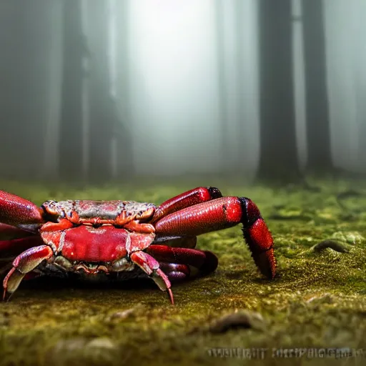 Image similar to eldritch crab being emerging from the ground in a hauntend forest, foggy mysterious, creepy, cinematic, dramatic, 8k, horror, highly detailed, sharp focus, dynamic lighting, photograph, texture