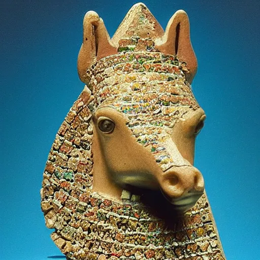 Image similar to a tiny horse made out of crystal in ancient egypt, cover of cosmopolitan magazine