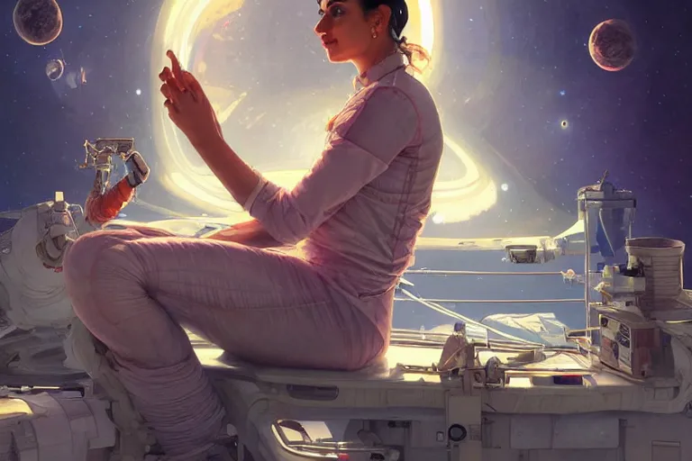 Image similar to Exhausted good looking pale young Indian doctors wearing jeans in a space station above Earth performing surgery, portrait, elegant, intricate, retrofuturistic digital painting, artstation, concept art, smooth, sharp focus, illustration, art by artgerm and greg rutkowski and alphonse mucha