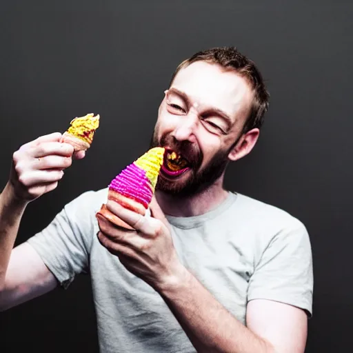 Image similar to thom york excitedly eating several colorful ice cream cones