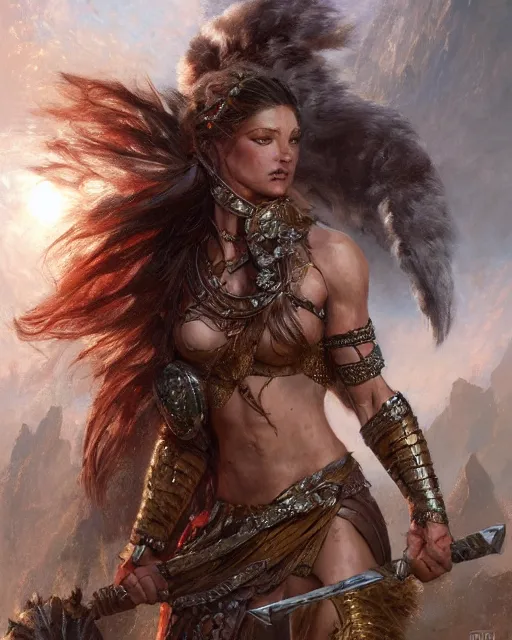 Prompt: a fierce and muscular warrior princess in scale mail, fantasy character portrait by greg rutkowski, gaston bussiere, craig mullins